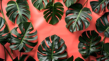 Obraz premium Philodendron tropical leaves on coral color background minimal summer. 