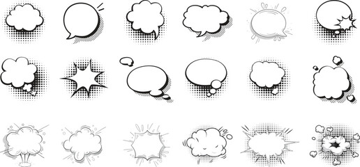 comic speech bubbles set with black halftone shadows. Vintage design. Vector Graphic Elements Collection