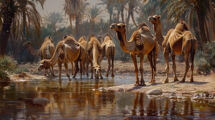 In the cool waters of a desert oasis, a group of camels drink deeply, their long necks bending gracefully as they quench their thirst.
