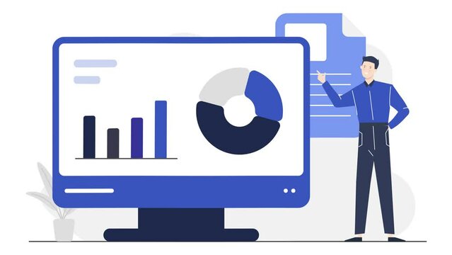 online meeting illustration with a man character with diagram on pc screen. business animated illustration. business animation video