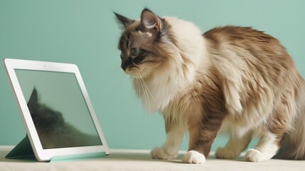 Curious Ragdoll Cat Engages with Tablet on Pale Aqua Backdrop