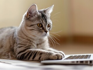 American Shorthair Cat Diligently Working on Laptop in Serene Home Office