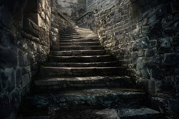 A dark stairwell with a light shining on the steps - Powered by Adobe