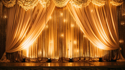 A large, ornate gold curtain with white flowers and lights
