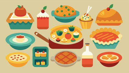 From delicious casseroles and lasagnas to homemade pies and cookies each dish showcased the unique culinary skills and heritage of its creator.. Vector illustration