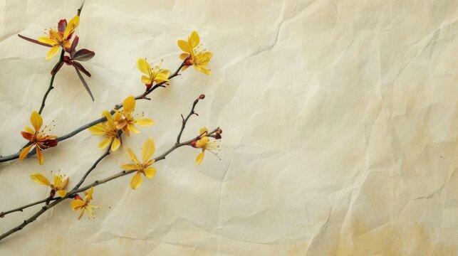 Spring themed barberry branch with vibrant leaves thorns and yellow blossoms on a soft colored paper backdrop with ample space for text designed in a simple and elongated format