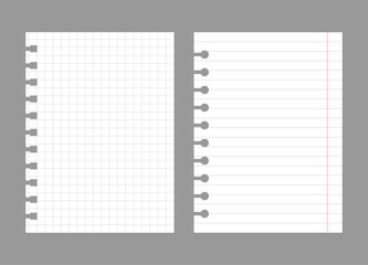 Set of notebook sheets isolated on gray background. Realistic white blanks of checkered and lined paper. Different vertical pages from diary. Vector template.