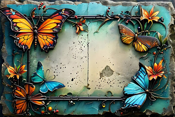 Beautiful colorful photo frames, watercolor paintings, with colorful beautiful and elegant butterflies flying over various flowers on a blue background.