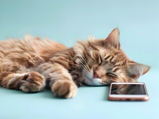 Munchkin Cat Embraces Digital Leisure A Cute Feline Engrossed in Screen Time on a Soft Blue