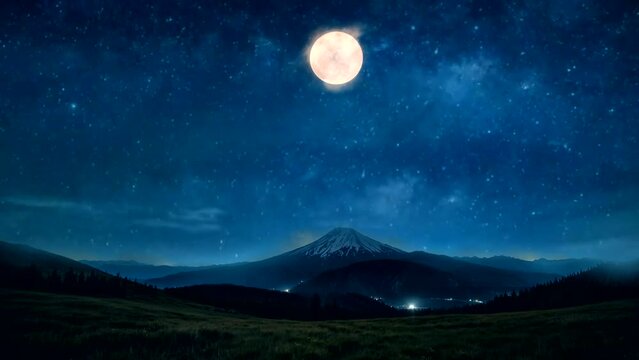 full moon over Mount Fuji with stars