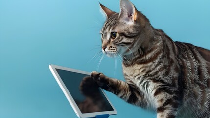 American Shorthair Cat Embraces Modern Technology with Tablet Engagement on Baby Blue Backdrop