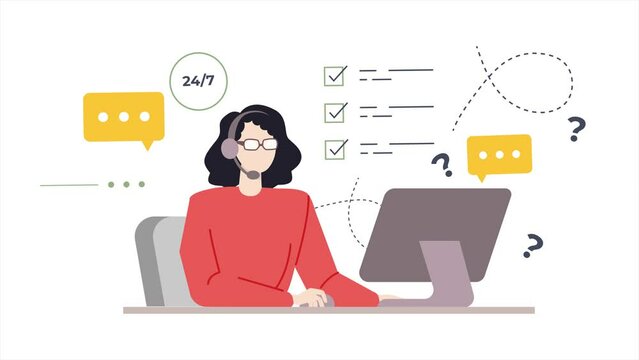 young woman talking on phone with customer service receiving order . business animated illustration. business animation video