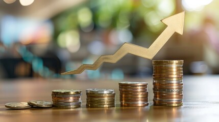 a stack of coins with a directional arrow, symbolizing financial prosperity in a minimalist and clean setting.  inspiring financial concept, highlighting simplicity and growth in personal finance