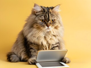 Curious Persian Cat Embraces Technology with Enthusiasm on Pastel Yellow Backdrop