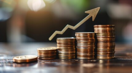 a stack of coins with a directional arrow, symbolizing financial prosperity in a minimalist and clean setting.  inspiring financial concept, highlighting simplicity and growth in personal finance