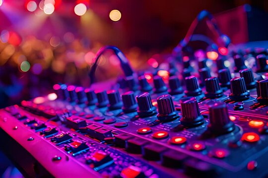 RL LINEAR WINDOWS in front of sound console, concert stage with lights, concert poster style, blurred background
