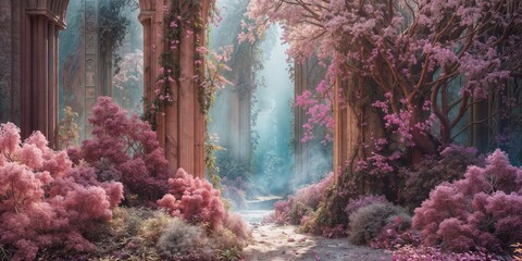 Ancient architecture in the thickets of an abandoned park in lush bushes with pink flowers