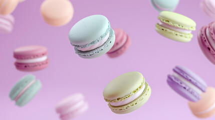 pastel purple, green, blue, cream and yellow coloured macaroons floating in the air