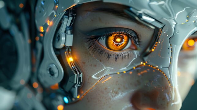 Close-up focuses on an ai robot's face, where digital eyes emote with a startling human-like range, challenging our perception of artificial intelligence