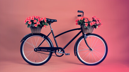 A simple black bicycle with a front basket of geraniums, fully displayed against a vibrant deep light pink background to enhance its visual appeal, focusing on color contrast.