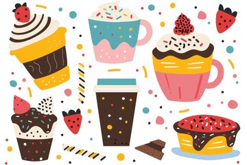 Assorted desserts and coffee cups on a playful backdrop