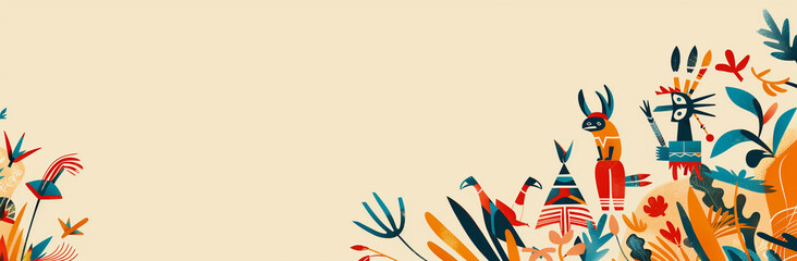 A colorful illustration of Native American cultural symbols and patterns forming a border on a light background. Stylized feathers, traditional headdresses and geometric shapes