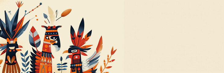 A colorful illustration of Native American cultural symbols and patterns forming a border on a light background. Stylized feathers, traditional headdresses and geometric shapes