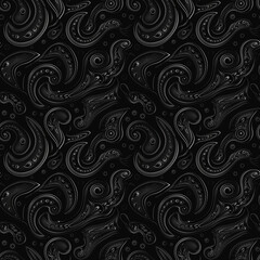 Elegant black paisley pattern. Seamless background with intricate swirls and floral motifs in a monochrome palette