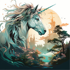 A unicorn with a castle in the background. The castle is in the distance and the unicorn is the main focus of the image
