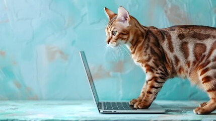 Feline Wordsmith Bengal Cat Makes Digital Connections on Laptop