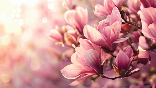 Soft pink magnolia flowers in bloom with blurred background