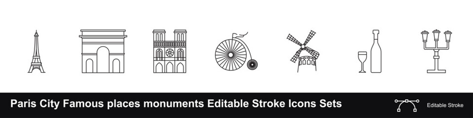 Paris City Famous places monuments Editable Stroke Icons Sets