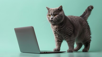 British Shorthair Cat Embraces Modern Technology with Laptop Usage on Pastel Mint Background