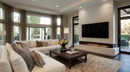 Fototapeta premium Elegant living room with white furnishings fireplace TV coffee table and sofa
