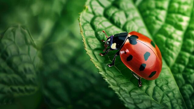 Vibrant ladybug with black spots on green leaf