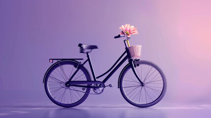 A sleek black bicycle with a front basket holding a single elegant flower, set against a deep light purple background.