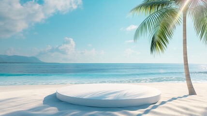 White Sand Beach Podium with Palm Tree and Turquoise Sea Under a Clear Blue Sky, Ideal for Summer Product Display in a Tropical Paradise Setting