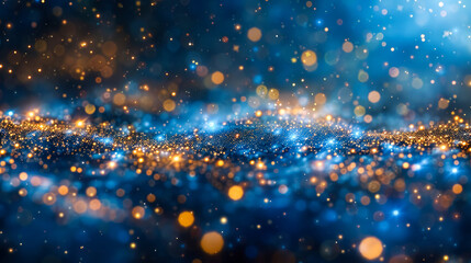 Festive dark blue and shiny golden  background with golden particles, tiny flashes and bokeh. Christmas and New Year blurred background.