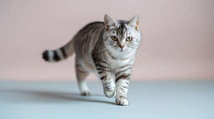 Obraz premium American Shorthair Cat Embraces Modern Technology with Playful Curiosity on a Serene Pastel Grey