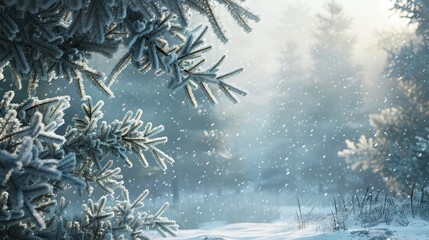 Snowy day forest scene with fir tree branches covered in snow