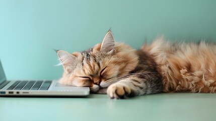 Exotic Shorthair Cat Embraces the Digital Age Taking a Peaceful Nap on a Laptop with a Mint Pastel