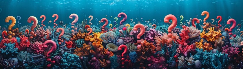 Surreal underwater scene featuring vibrant coral reefs interspersed with large, colorful question marks against a deep blue backdrop. Question mark icon
