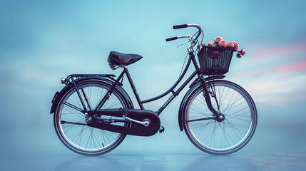 A sophisticated all-black bicycle with a front basket featuring a few roses, displayed in full against a light blue sky-like background.
