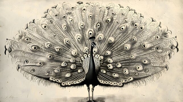 Foto hitam putih dengan gaya engraving burung merak yang bulunya terbentang