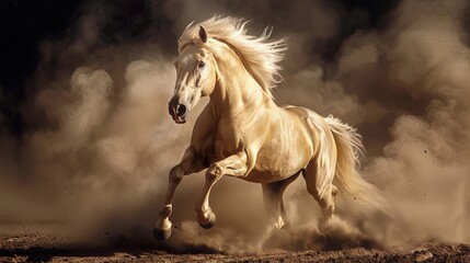 Galloping palomino horse kicking up dust in motion. Dynamic studio action shot. Strength and speed concept. Design for poster, wallpaper, banner.