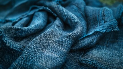 Macro shot of an indigo-dyed hemp scarf, emphasizing the natural weave and raw edges, with deep indigo dye and subtle color variations