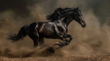 Galloping black horse kicking up dust in motion. Dynamic studio action shot. Strength and speed concept. Design for poster, wallpaper, banner.