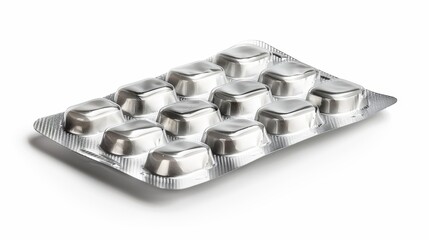 Close-up of a used empty pill blister pack, discarded silver medicine pack, isolated on a white background, studio lighting