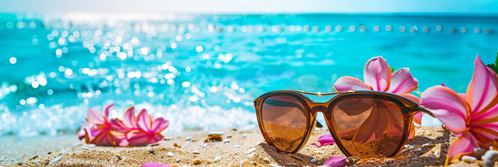 sunglasses and tropical flowers on the beach with a blue sea background, generative AI