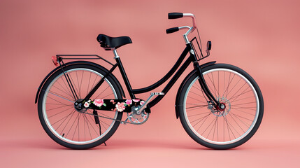 A sophisticated black bicycle with a front basket showcasing minimalist floral decor, set against a chic deep light pink background, focusing on modern elegance.